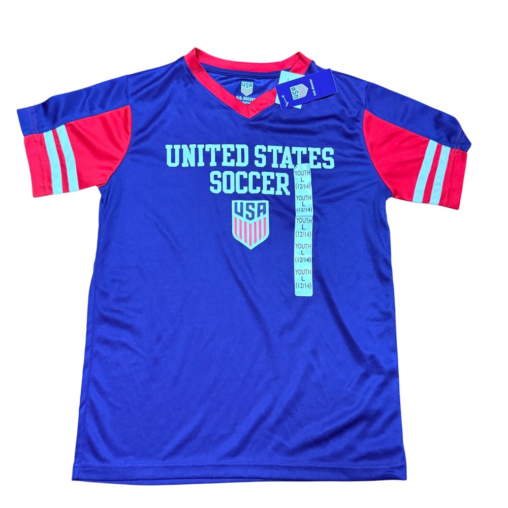 US Soccer Youth Jersey L 12/14 Blue Red USA National Team V-Neck Shirt NWT